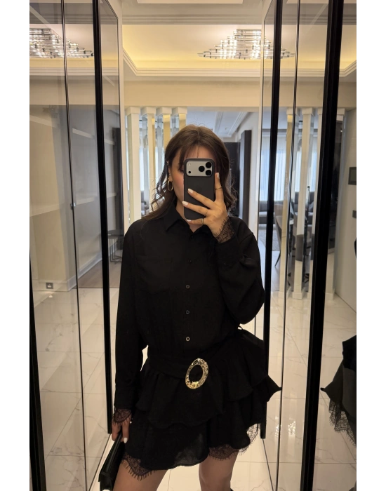 Siyah Güpürlü Kemerli Katlı Gömlek Elbise