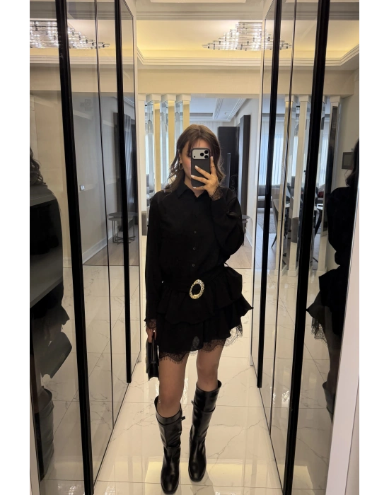 Siyah Güpürlü Kemerli Katlı Gömlek Elbise