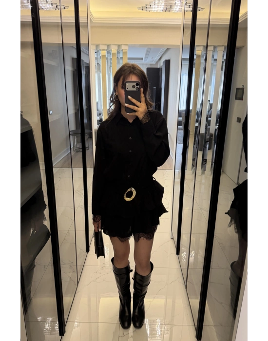 Siyah Güpürlü Kemerli Katlı Gömlek Elbise