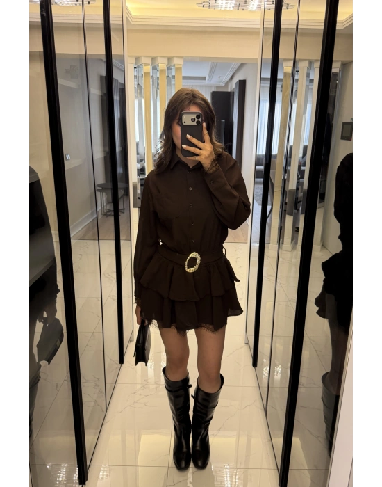 Kahve Güpürlü Kemerli Katlı Gömlek Elbise