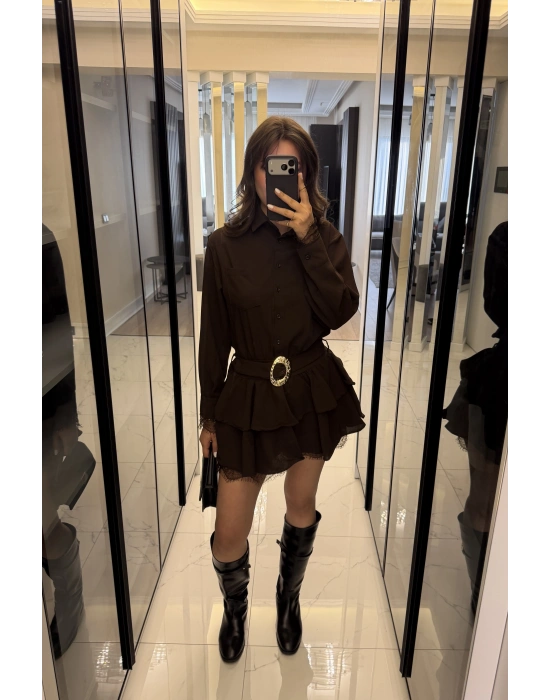 Kahve Güpürlü Kemerli Katlı Gömlek Elbise