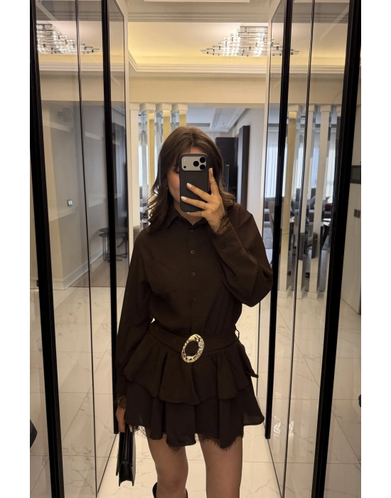 Kahve Güpürlü Kemerli Katlı Gömlek Elbise