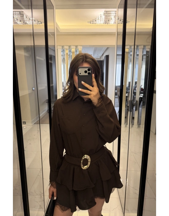 Kahve Güpürlü Kemerli Katlı Gömlek Elbise