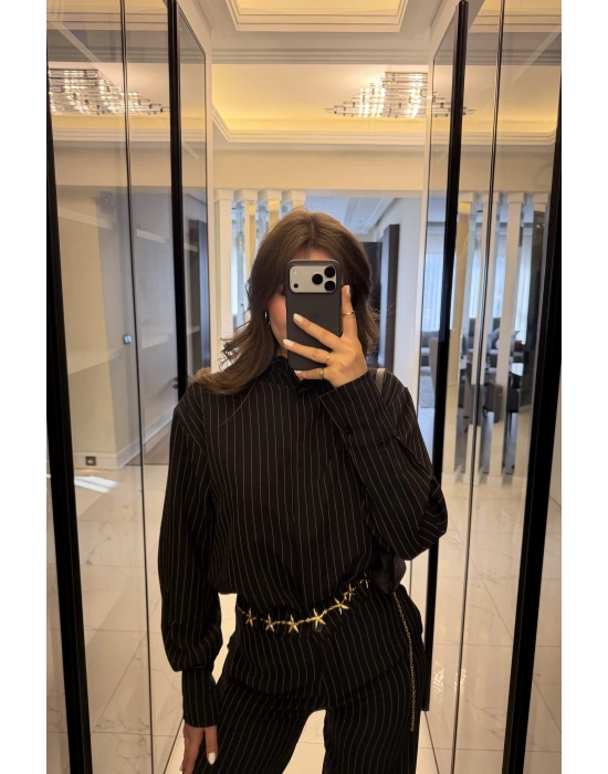 Siyah Rely Çizgili Gömlek Takım