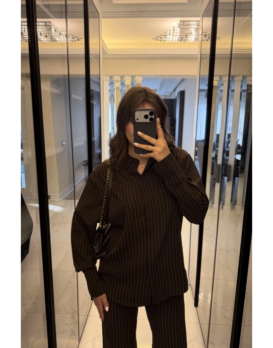 Kahve Rely Çizgili Gömlek Takım