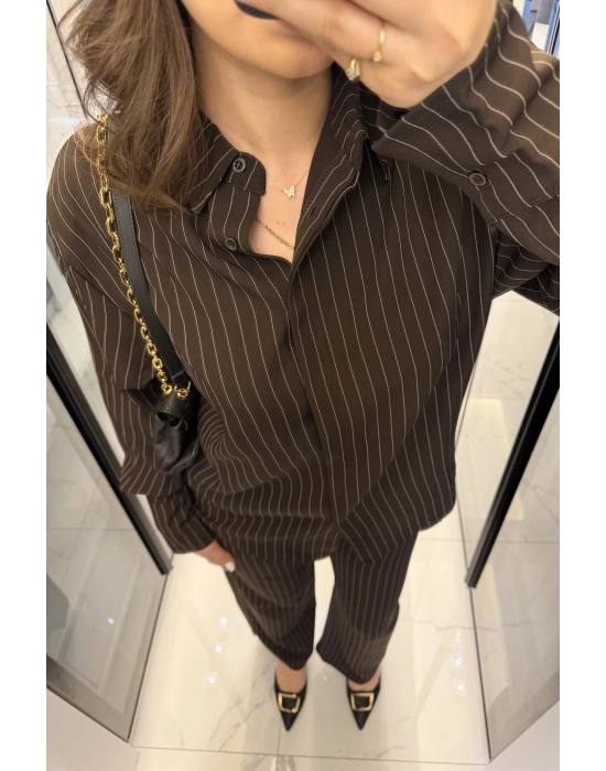 Kahve Rely Çizgili Gömlek Takım