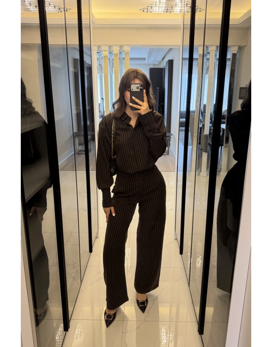 Kahve Rely Çizgili Gömlek Takım