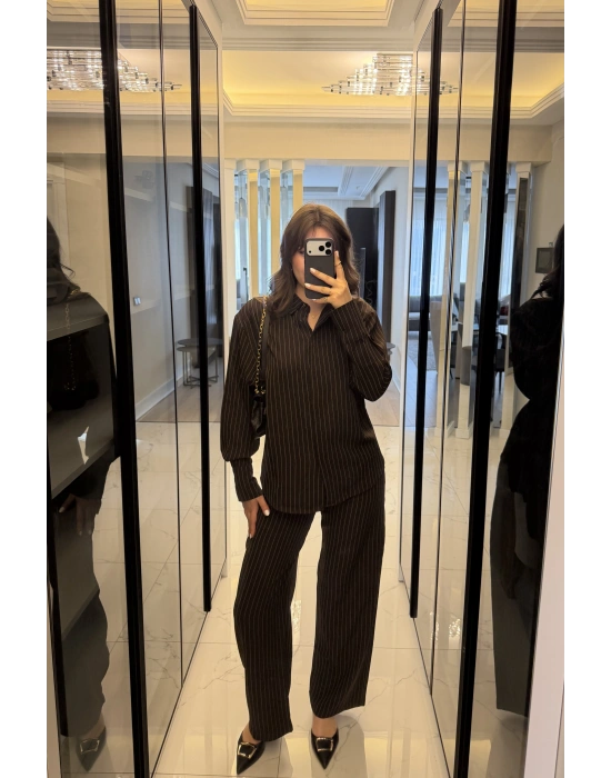 Kahve Rely Çizgili Gömlek Takım