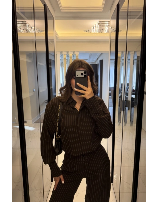 Kahve Rely Çizgili Gömlek Takım