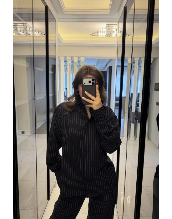 Lacivert Rely Çizgili Gömlek Takım