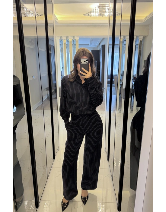 Lacivert Rely Çizgili Gömlek Takım