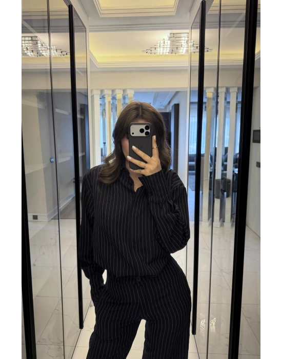 Lacivert Rely Çizgili Gömlek Takım