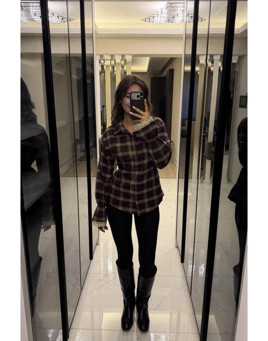 Bordo Güpür Detaylı Belden Bağcıklı Ekose Gömlek