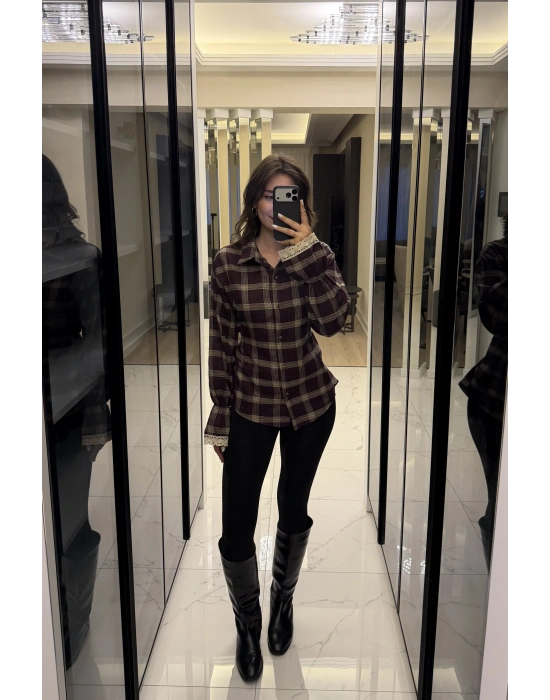 Bordo Güpür Detaylı Belden Bağcıklı Ekose Gömlek