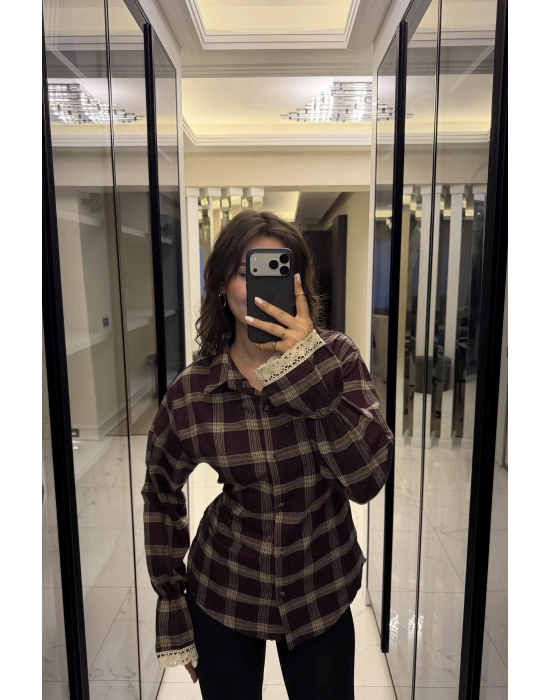 Bordo Güpür Detaylı Belden Bağcıklı Ekose Gömlek