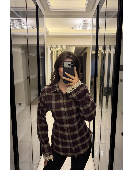 Bordo Güpür Detaylı Belden Bağcıklı Ekose Gömlek