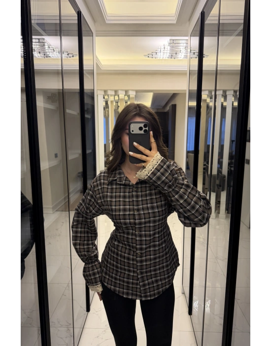 Antrasit Güpür Detaylı Belden Bağcıklı Ekose Gömlek