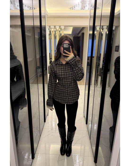 Antrasit Güpür Detaylı Belden Bağcıklı Ekose Gömlek