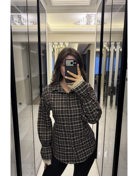 Antrasit Güpür Detaylı Belden Bağcıklı Ekose Gömlek