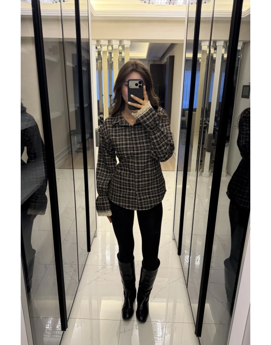 Antrasit Güpür Detaylı Belden Bağcıklı Ekose Gömlek