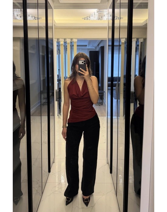 Bordo Aria Degaje Yakalı Bluz