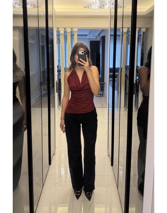 Bordo Aria Degaje Yakalı Bluz