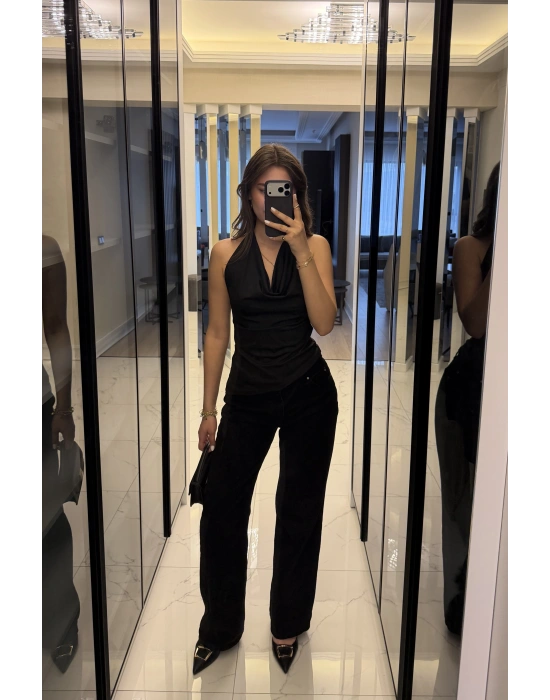 Siyah Aria Degaje Yakalı Bluz