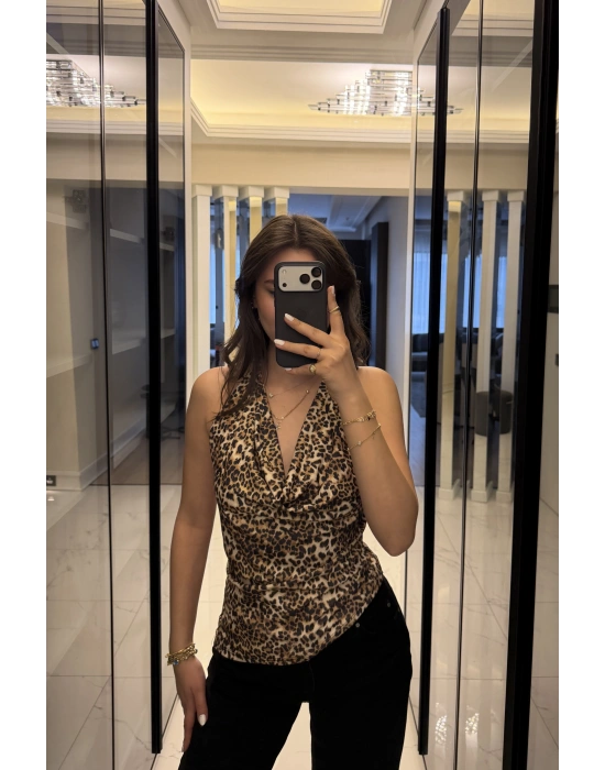 Leopar Aria Degaje Yakalı Bluz