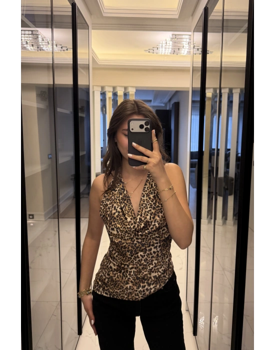 Leopar Aria Degaje Yakalı Bluz