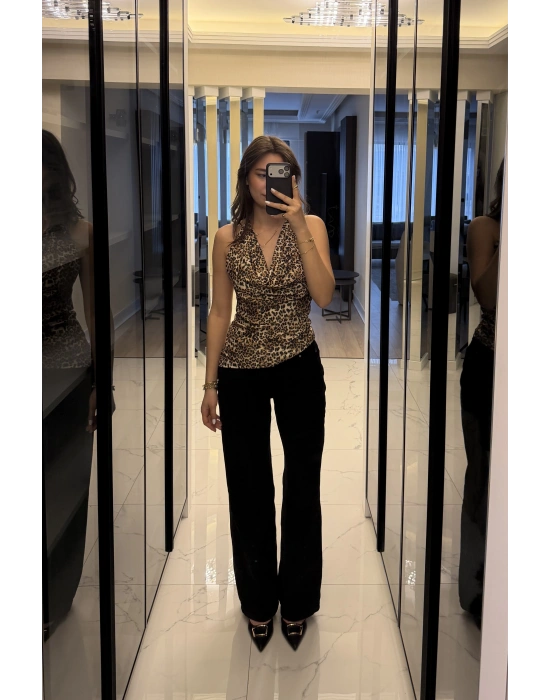 Leopar Aria Degaje Yakalı Bluz