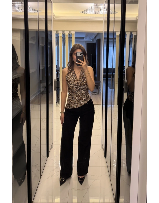 Leopar Aria Degaje Yakalı Bluz