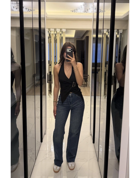 Siyah Emma Broşlu Kelebek Bluz