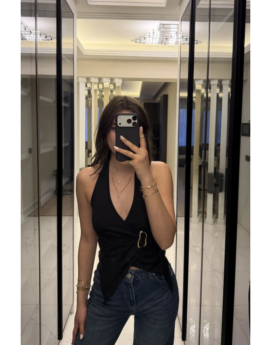 Siyah Emma Broşlu Kelebek Bluz