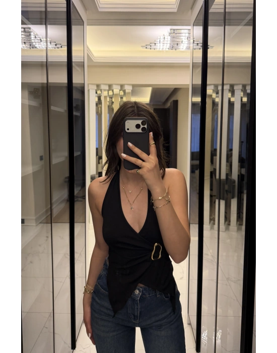 Siyah Emma Broşlu Kelebek Bluz