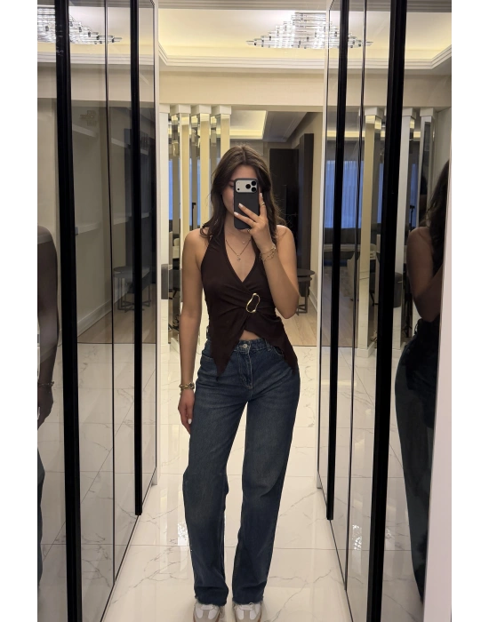 Kahve Emma Broşlu Kelebek Bluz