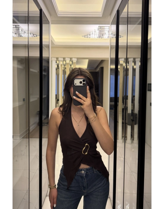 Kahve Emma Broşlu Kelebek Bluz