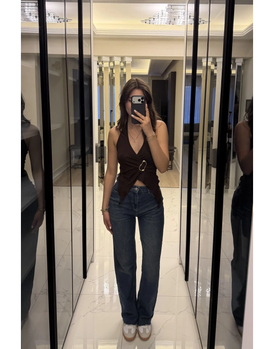 Kahve Emma Broşlu Kelebek Bluz