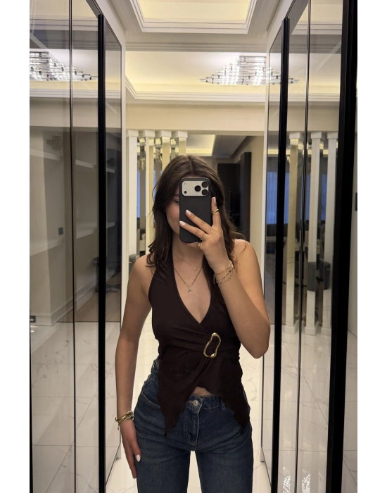 Kahve Emma Broşlu Kelebek Bluz