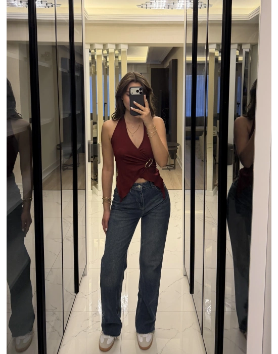 Bordo Emma Broşlu Kelebek Bluz