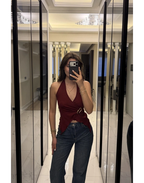 Bordo Emma Broşlu Kelebek Bluz