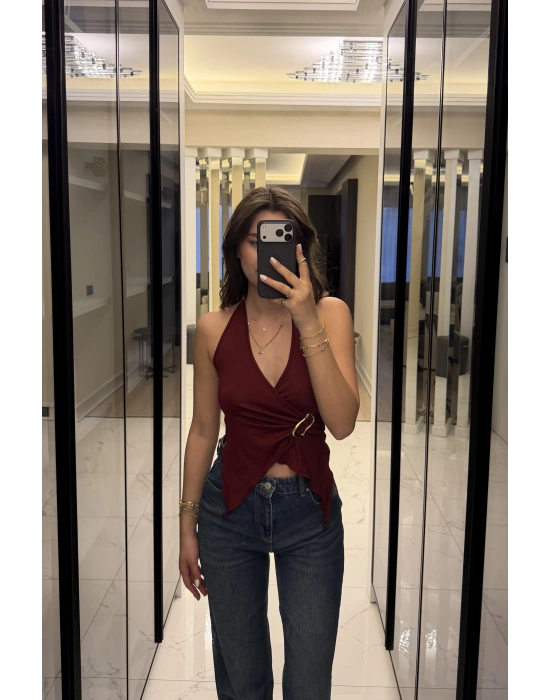 Bordo Emma Broşlu Kelebek Bluz