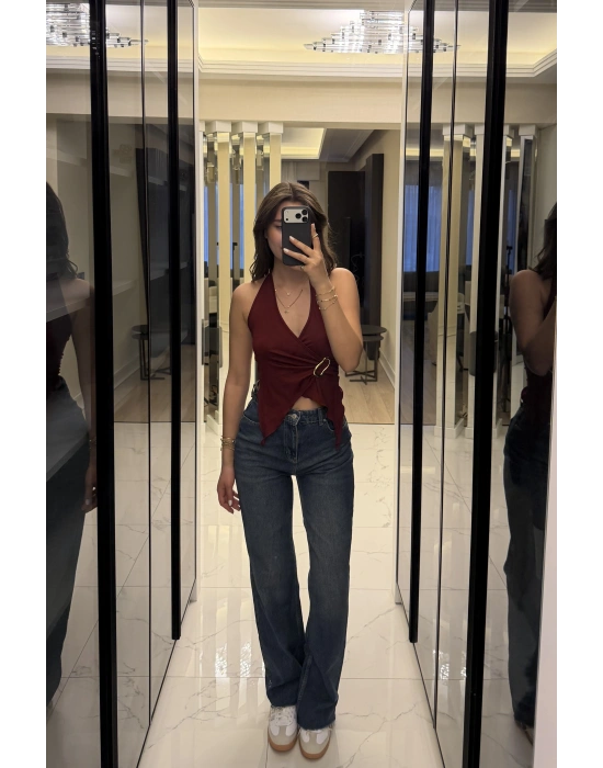 Bordo Emma Broşlu Kelebek Bluz