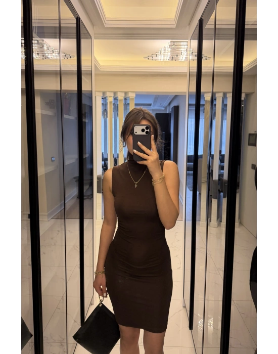 Kahve Eloise Balıkçı Yaka Kolsuz Elbise