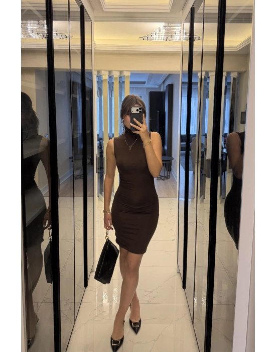 Kahve Eloise Balıkçı Yaka Kolsuz Elbise