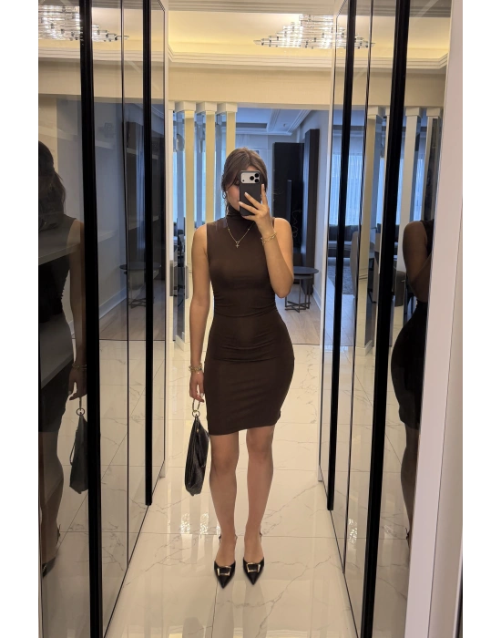 Kahve Eloise Balıkçı Yaka Kolsuz Elbise