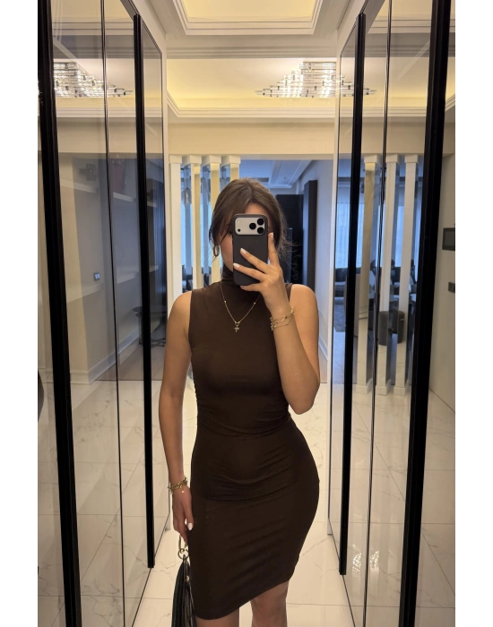 Kahve Eloise Balıkçı Yaka Kolsuz Elbise