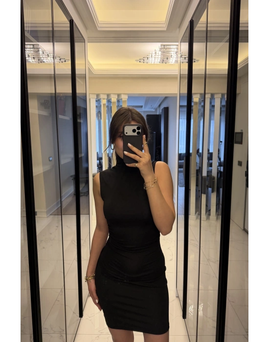 Siyah Eloise Balıkçı Yaka Kolsuz Elbise