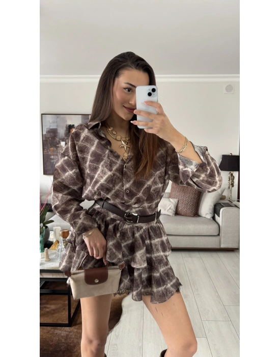 Kahve Olly Kemerli Katlı Etek Gömlek Takım