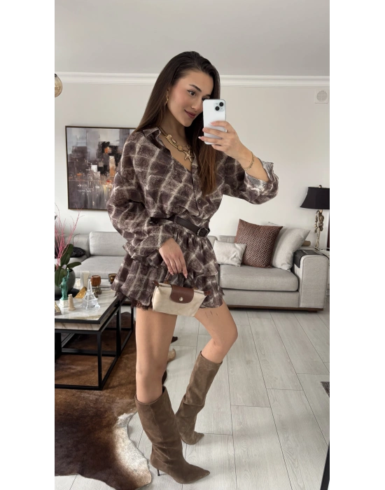 Kahve Olly Kemerli Katlı Etek Gömlek Takım