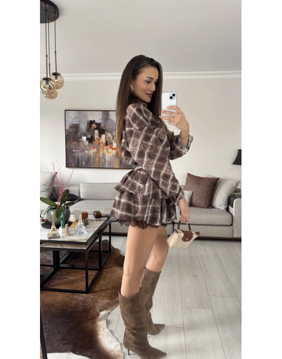 Kahve Olly Kemerli Katlı Etek Gömlek Takım